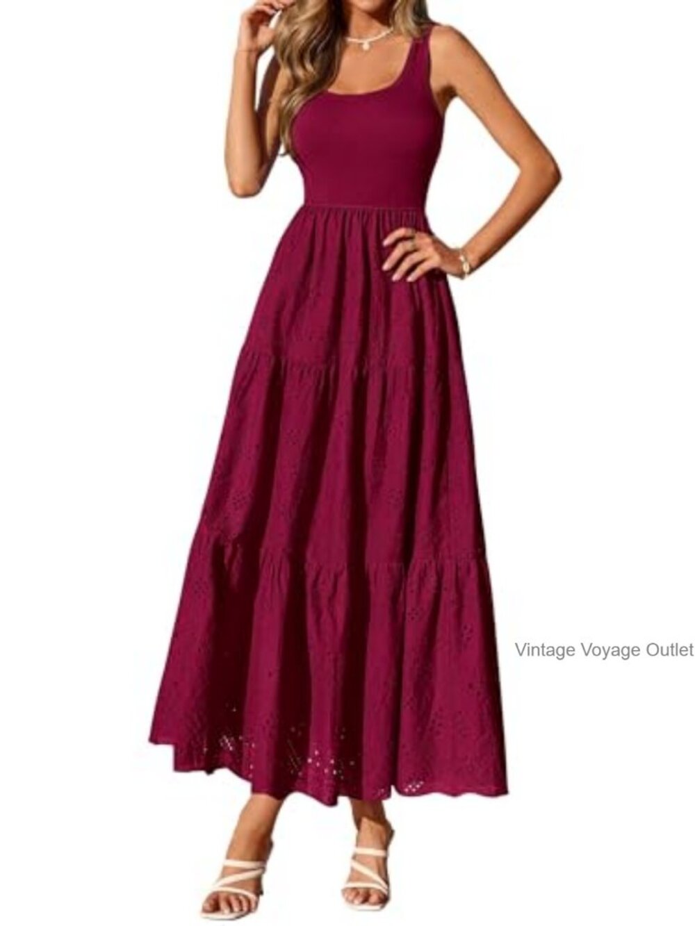 Eyelet Midi Dress Sleeveless A-Line Sundress with Pockets